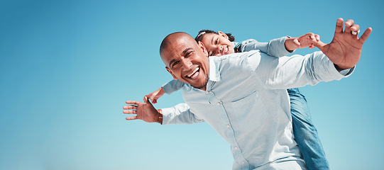 Image showing Portrait, father and kid piggyback on blue sky of summer vacation, holiday and freedom on mockup space. Below of happy family, dad and flying girl child in excited game, smile and support adventure