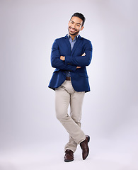 Image showing Smile, leader and portrait of business man with confidence, positive mindset and power in studio. Corporate fashion, success mockup and isolated happy male with pride, leadership and professional