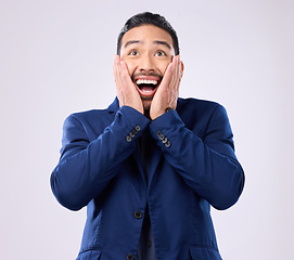 Image showing Surprise, excited and face of man with shock, happiness and omg expression on white background. Winner mockup, wow reaction and isolated happy male with winning, big smile and bonus success in studio