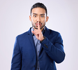 Image showing Portrait, corporate man and finger on lips in studio, background and privacy secret. Male employee, silence hands and quiet mouth for shush sign, gossip or whisper in silent emoji of business mystery