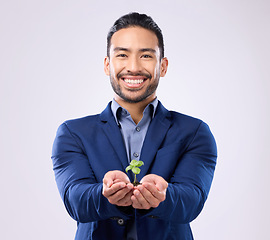 Image showing Portrait of plant in man hands isolated on white background sustainability for business growth or eco friendly investment. Sapling soil in Asian person palm for sustainable, green startup in studio