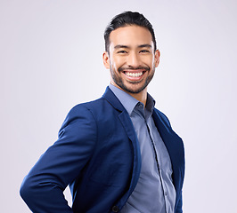 Image showing Happy, smile and portrait of a businessman in studio with a confident, proud and positive mindset. Happiness, excited and professional male employee from India standing with pride by gray background.