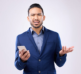 Image showing Portrait, smartphone and Asian man confused, frustrated and guy against grey studio background. Face, male employee and consultant with cellphone, doubt and uncertain with stress, unsure or confusion