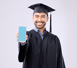 Image showing Phone, green screen and graduation student portrait isolated on white background on cellphone mockup for university. Asian man or mobile app, elearning platform or success promotion in studio