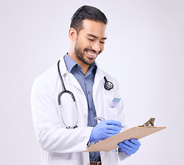 Image showing Medical, happy and doctor writing on a clipboard doing a checklist isolated against a studio white background. Health, gloves and healthcare professional planning notes, results and confirm schedule