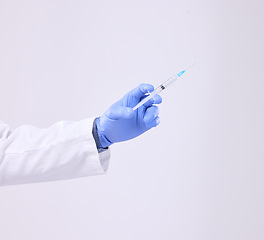 Image showing Healthcare man, hands and doctor with syringe, needle or vaccine injection for covid 19, monkeypox or disease cure. Medical studio, hospital nurse and science innovation medicine on grey background