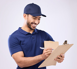 Image showing Delivery man writing on checklist isolated on studio background in courier service, supply chain and clipboard. Asian worker, business or logistics person package in Korea distribution management