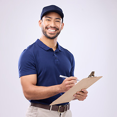 Image showing Delivery, checklist and portrait of asian man in studio for shipping, courier or supplier. Logistics, writing and clipboard with male on gray background for ecommerce, postage or package distribution