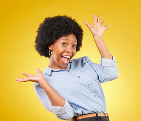 Image showing Surprise, excited hands and portrait of black woman on yellow background with energy, happiness and smile. Winner mockup, celebration and isolated happy girl for deal, retail sale and discount news