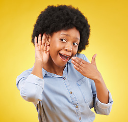 Image showing Surprise, gossip and black woman listening in a studio with a wow, wtf or omg face expression. Secret, shock and curious African female model with an afro with a listen gesture by a yellow background