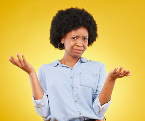 Image showing Confused, doubt and portrait of an African woman in studio, dont know and decision gesture on yellow background. Unsure, face and hands of a girl with why, emoji and or choice on mockup or isolated