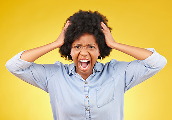 Image showing Crazy, face portrait and black woman scream, shout and yell from mental health crisis, angry rage or anger management problem. Afro, studio headshot and African person isolated on yellow background