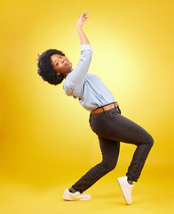 Image showing Portrait, dance and black woman with energy, celebration and freedom against a studio background. Face, African American female and lady with movements, happiness and expression with vibe and mockup