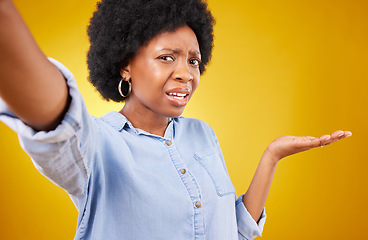 Image showing Selfie portrait, confused and woman with mock up space, advertising mockup or marketing promotion. Commercial girl, problem or African person puzzled with product placement deal on yellow background