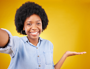 Image showing Selfie, portrait and black woman with advertising gesture, mock up space or marketing promotion mockup. Commercial girl, face and excited person happy for product placement deal on yellow background