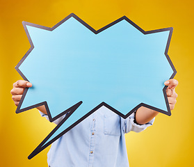 Image showing Social media, studio person and hands with speech bubble for opinion, marketing space or brand advertising. Product placement, mock up billboard and comic woman with voice mockup on yellow background