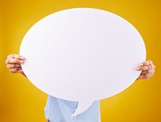 Image showing Social media, woman and hands with mockup speech bubble for opinion, marketing space or brand advertising. Product placement info, branding billboard or person with voice mock up on yellow background