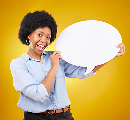 Image showing Social media, happy portrait or black woman with speech bubble for opinion, marketing space or brand advertising. Product placement, mock up billboard or person with voice mockup on yellow background