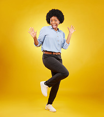 Image showing Wow, excited and portrait of black woman on yellow background with energy, happiness and smile in studio. Surprise mockup, celebration and isolated happy girl with discount news, deal and retail sale