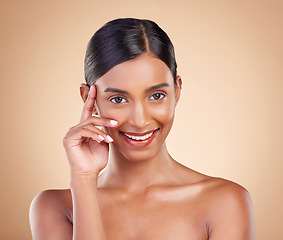 Image showing Indian woman, studio and beauty with makeup, skincare treatment and happy for cosmetics by background. Model girl, young asian and smile for self love with cosmetic wellness, skin glow and aesthetic