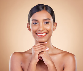 Image showing Indian model woman, studio and skincare for makeup, beauty treatment and happy for healthy cosmetics by background. Gen z girl, young asian or portrait with cosmetic wellness, skin glow and aesthetic