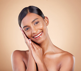 Image showing Indian woman, studio and beauty with smile, makeup and skincare with sleep hand sign by brown background. Gen z model girl, young asian and hands to rest for cosmetic wellness, skin glow or aesthetic