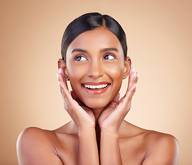 Image showing Woman, smile and face in beauty skincare makeup or cosmetics against a studio background. Happy relaxed female model smiling in happiness and satisfaction for perfect skin, self love or facial care