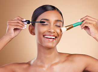 Image showing Makeup brush, portrait or happy woman with beauty mascara, facial products or self care on studio background. Face smile or Indian girl model with cosmetics or natural glowing skincare headshot