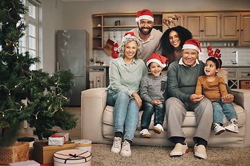 Image showing Christmas, portrait and family in lounge, quality time and happiness for bonding, loving and cheerful. Face, grandparents and mother with father, siblings or children with joy, Xmas or festive season