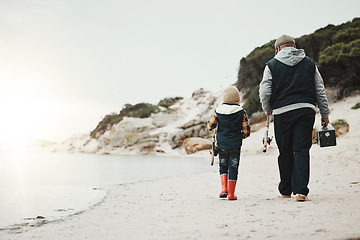 Image showing Bonding, back and child with grandfather for fishing, recreation and learning to catch fish at beach. Morning, holiday and boy on walk by the sea with elderly man for a new hobby together on mockup