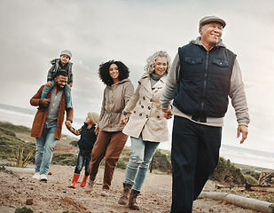 Image showing Family holding hands, hiking outdoor together in nature and happiness, bonding and spending quality time. Grandparents, parents and children walking, love and care with happy people and generations