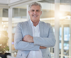 Image showing Portrait, business and man with success, arms crossed and happiness in workplace, leadership and skills. Face, male employee and manager with smile, startup and ceo with opportunity and management