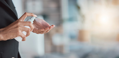 Image showing Hand sanitizer, hygiene and hands of woman with cleaning, disinfectant from germs and bacteria with health. Mockup space, closeup and clean, covid and healthcare compliance, female at work with spray