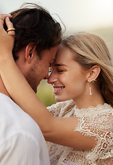 Image showing Love, smile and hug with couple in nature for romance, bonding and affectionate together. Hugging, happiness and vacation with man and woman in embrace on date for sunset, anniversary or summer break