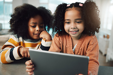 Image showing Children, sisters and girls smile with tablet in home, playing games and bonding together. Technology, family and happy kids with touchscreen for elearning, streaming movie and video.