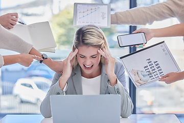 Image showing Headache, multitask and business woman in stress, anxiety and burnout of deadlines, time management or pressure. Frustrated female employee scream for migraine, pain or chaos in overwhelmed workplace