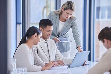 Image showing Business people, teamwork and planning on laptop in office for project strategy, online ideas or internet search. Diversity group of employees working on computer technology, collaboration or meeting