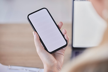 Image showing Woman, hands and phone mockup screen in office for advertising, digital network or online user. Closeup worker, mobile mock up and smartphone space of multimedia app, data download or tech connection