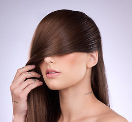 Image showing Woman cover face with haircare in studio, background and smooth textures of growth shampoo, cosmetics and wellness. Female model, hairstyle and brunette beauty of keratin, salon treatment and shine