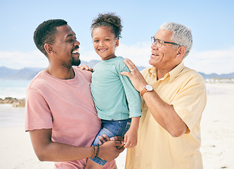 Image showing Grandpa, dad and girl on beach holiday in South Africa with love, happiness and freedom together. Travel, happy black family and generations smile, bonding and fun on summer vacation for men and kid