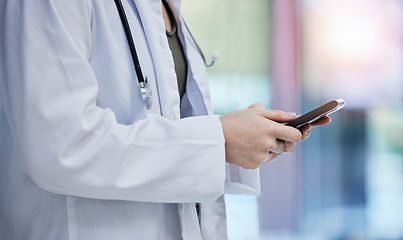 Image showing Woman hands, phone and doctor typing online for contact, connection or telehealth in hospital. Technology, mobile app and medical worker search internet for healthcare news, digital innovation or web