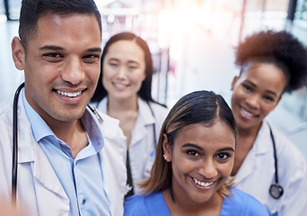 Image showing Healthcare, portrait and group selfie of doctors in hospital with pride, smile and clinic teamwork. Happy medical employees, diversity and profile picture to update about us on website, face or trust