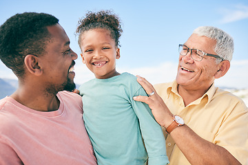 Image showing Generations, grandfather and dad with child on beach holiday in South Africa with love, happiness and freedom. Travel, happy black family and smile on summer vacation for men and kid bonding together