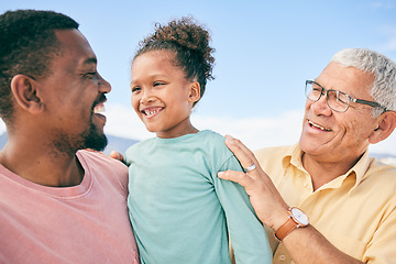 Image showing Beach, grandfather and dad with child on holiday in South Africa with love, happiness and fun. Travel, happy black family and smile on summer vacation for men and kid bonding together for fathers day