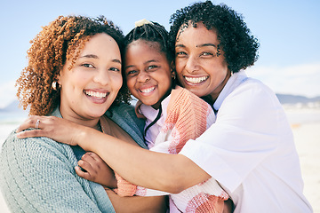 Image showing Hug, beach portrait or happy black family on holiday for peace, freedom or outdoor quality time together. Nature love, sunshine happiness or Nigeria children, grandmother and mother smile on vacation