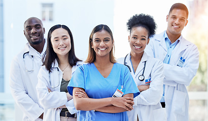 Image showing Portrait, doctors and arms crossed with smile for teamwork, healthcare and hospital management. Group of happy medical employees, diversity and clinic collaboration of integrity, trust and about us