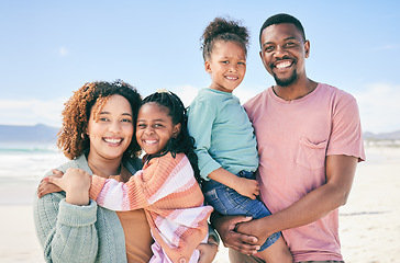 Image showing Sunshine, beach portrait and happy black family on holiday for peace, freedom and outdoor quality time together. Nature love, summer happiness or Nigeria children, father and mother smile on vacation