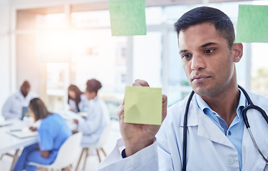 Image showing Doctor, man and planning on glass board for hospital management, test notes and phd innovation. Healthcare worker writing ideas of medical research, surgery schedule and medicine logistics in clinic