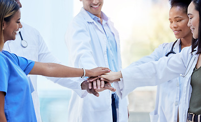 Image showing Community, teamwork and medical with hands of doctors for support, diversity and solidarity. Healthcare, synergy and stack with group of people for mission, medicine and motivation in hospital