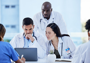 Image showing Healthcare, doctors and thinking on laptop for teamwork analysis, test results and medicine research. Diversity, medical group and computer planning for information, hospital collaboration and review